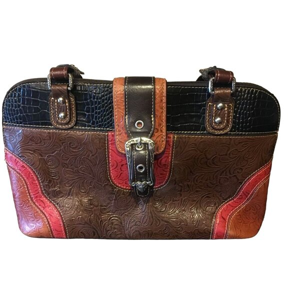 MARC CHANTAL MC Leather Tooled Western Handbag Buckle Accent Black Brown Red - Picture 1 of 10